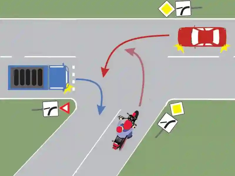 Imagine întrebare examen auto: Care dintre vehiculele din imagine va intra primul în intersecție?