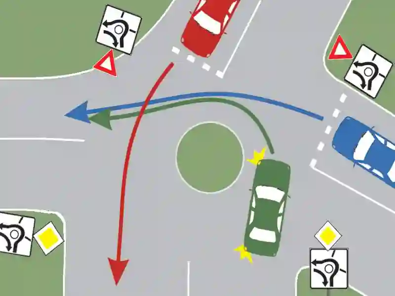 Imagine întrebare examen auto: În ce ordine vor trece prin intersecție cele trei autoturisme?