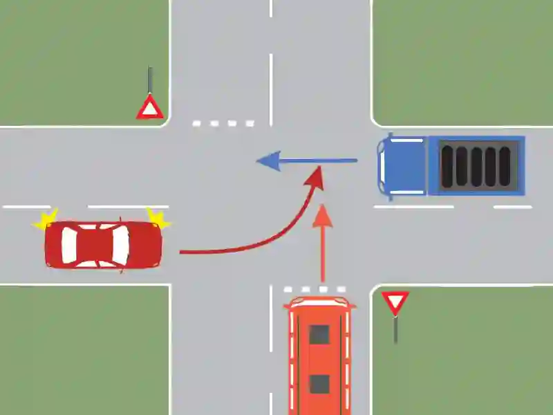 Imagine întrebare examen auto: Care autovehicul va trece primul prin intersecție?