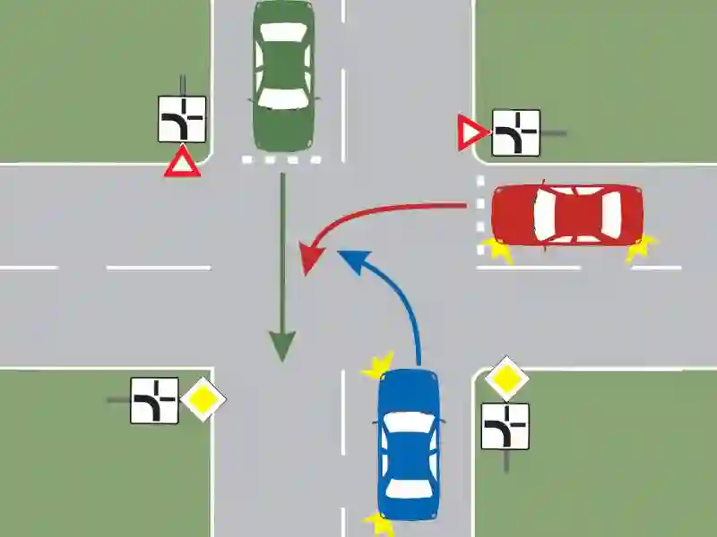 Imagine întrebare examen auto: În ce ordine trec prin intersecția prezentată cele trei autovehicule?