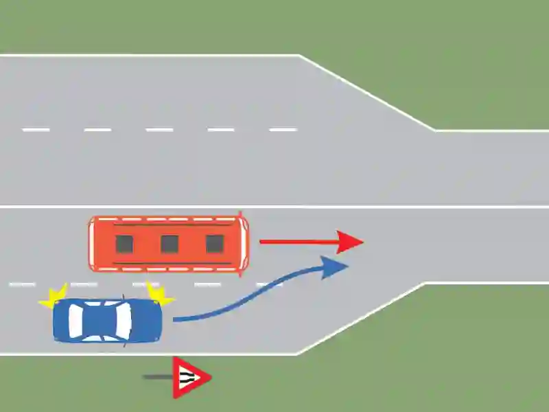 Imagine întrebare examen auto: Cine are prioritate pe sectorul de drum îngustat?