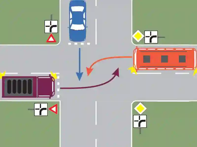 Imagine întrebare examen auto: Care dintre cele trei vehicule va trece ultimul prin intersecție?
