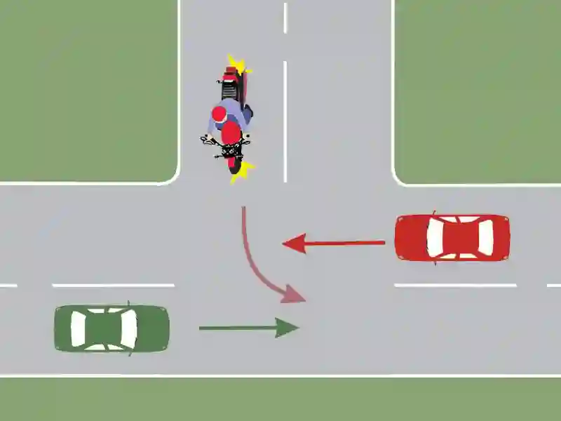 Imagine întrebare examen auto: Care dintre cele trei autovehicule va trece ultimul prin intersecția din imagine?