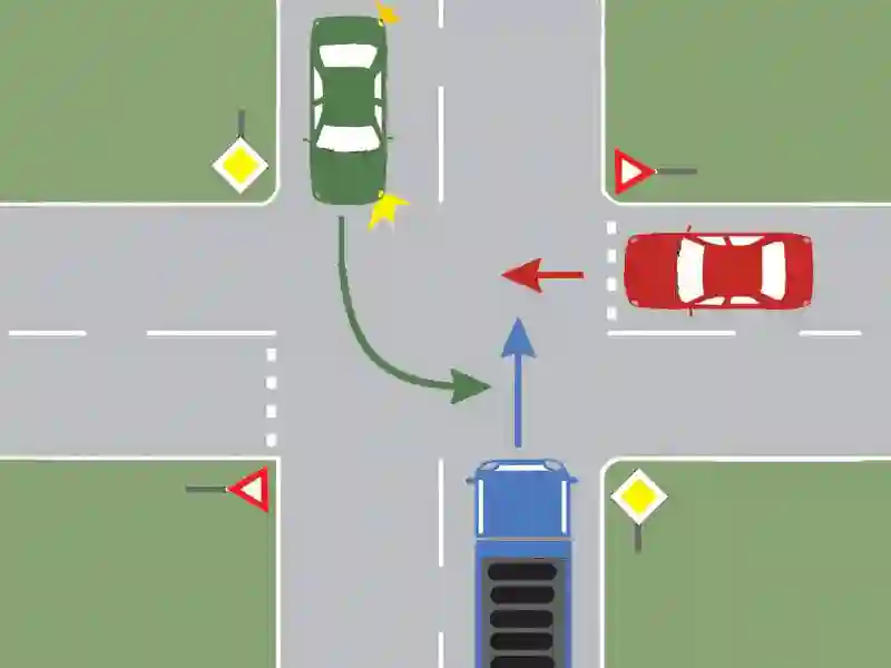 Imagine întrebare examen auto: Care dintre cele trei vehicule va trece al doilea prin intersecție?