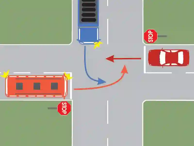 Imagine întrebare examen auto: Care dintre autovehicule va intra ultimul în intersecție?
