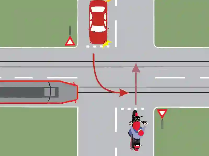 Imagine întrebare examen auto: Care dintre cele trei vehicule va trece ultimul prin intersecție?