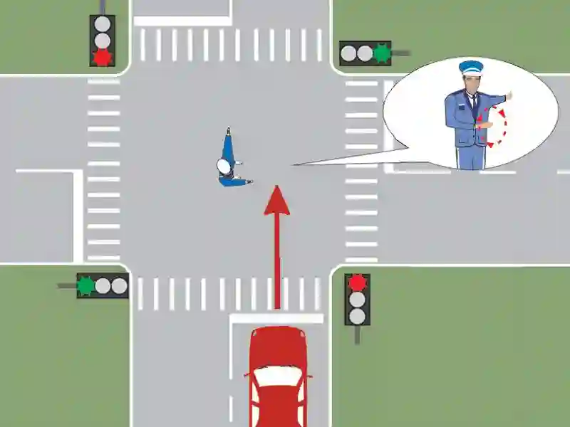 Imagine întrebare examen auto: Polițistul din intersecție semnalizează conducătorul auto să mărească viteza. Cum trebuie să